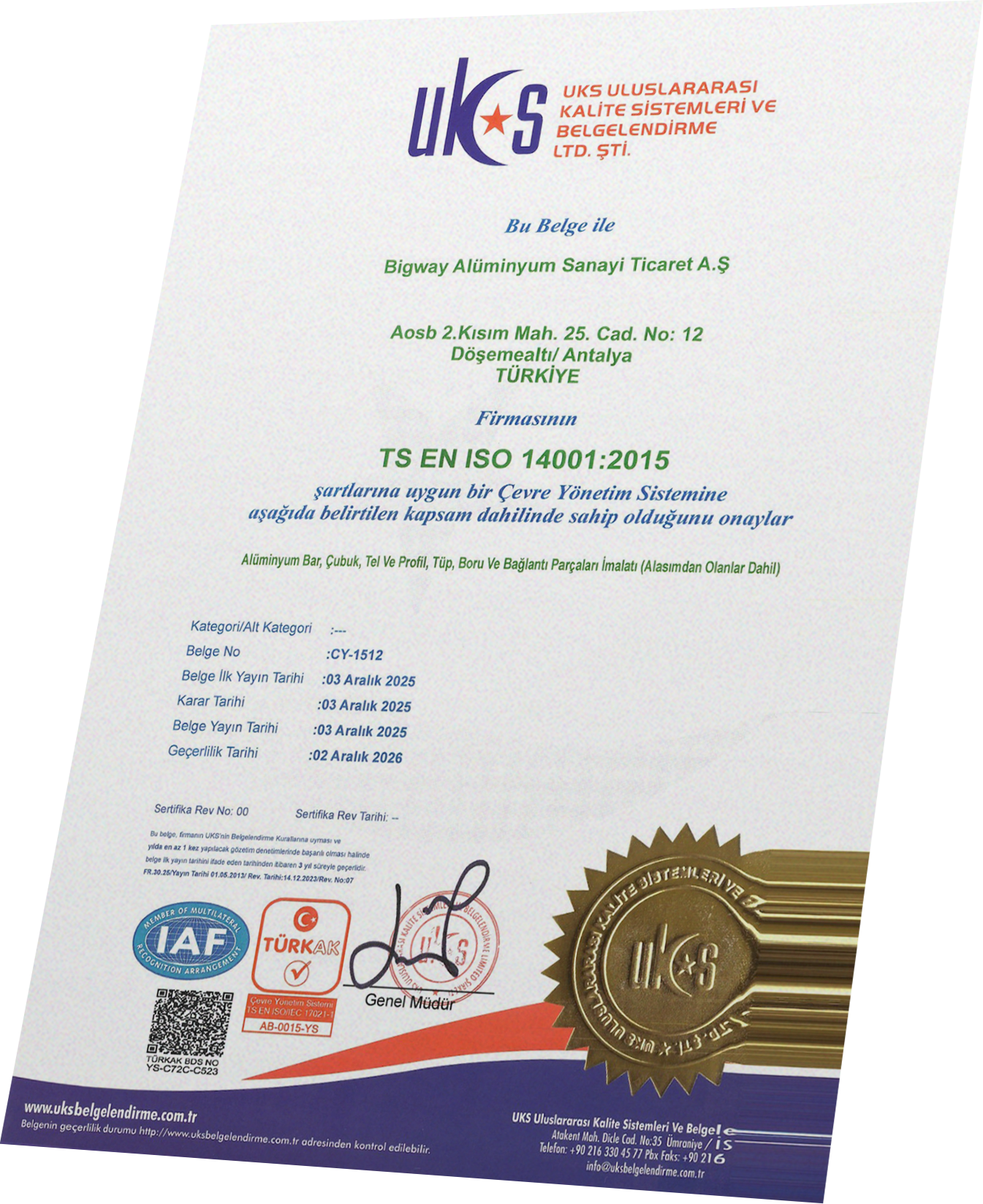 TS EN ISO 14001:2015 – Çevre Yönetim Sistemi