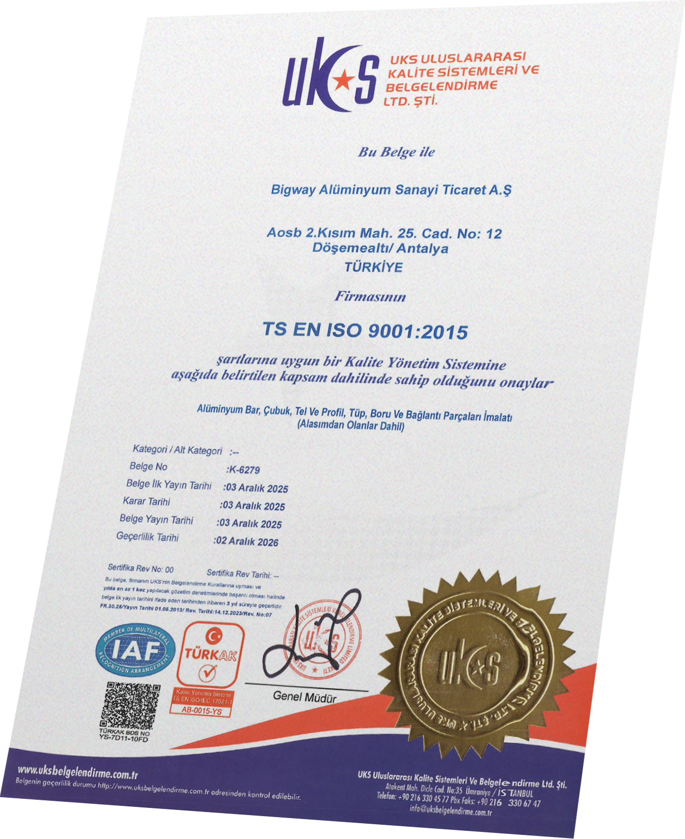  ISO 9001:2015 – Kalite Yönetim Sistemi